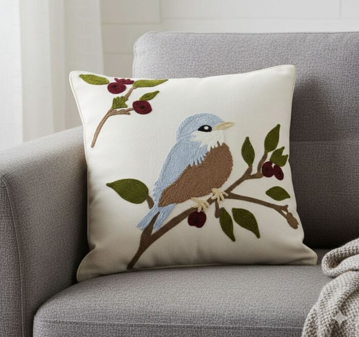 Handmade Punch Needle Bird Cushion – Embroidered Decorative Throw Pillow - Image 2