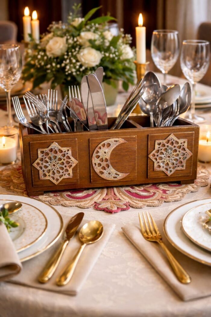 Wooden Cutlery Holder with Islamic Moon & Star Design - Image 1