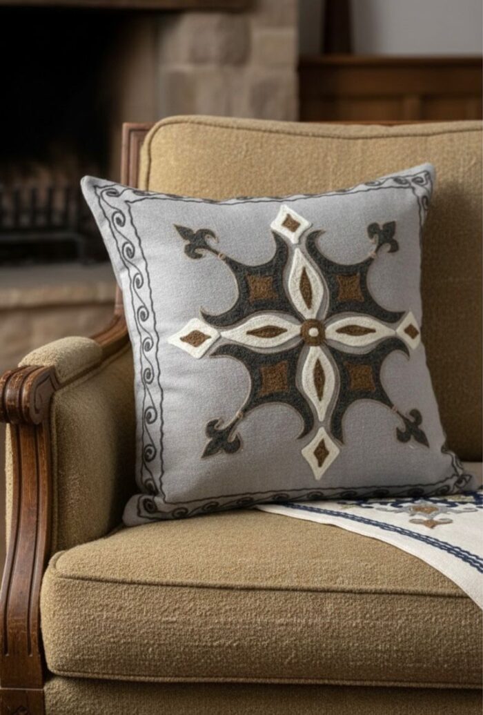 Handcrafted Geometric Symmetrical Star Motif Embroidered Cushion - Image 2