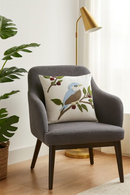 Handmade Punch Needle Bird Cushion – Embroidered Decorative Throw Pillow