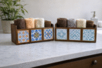 Handcrafted Wooden Towels Organizer with Decorative Tiles