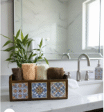 Handcrafted Wooden Towels Organizer with Decorative Tiles - Image 5