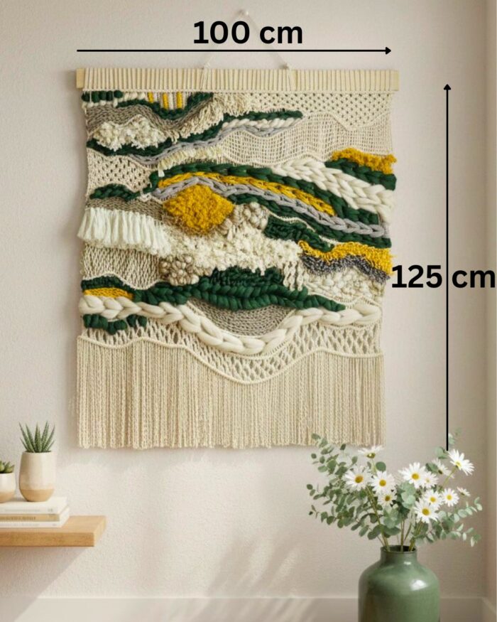 Handmade Boho Macramé Wall Hanging – Natural Cotton with Green & Mustard Accents - Image 4