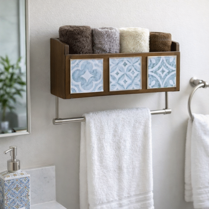 Handcrafted Wooden Towels Organizer with Decorative Tiles - Image 2