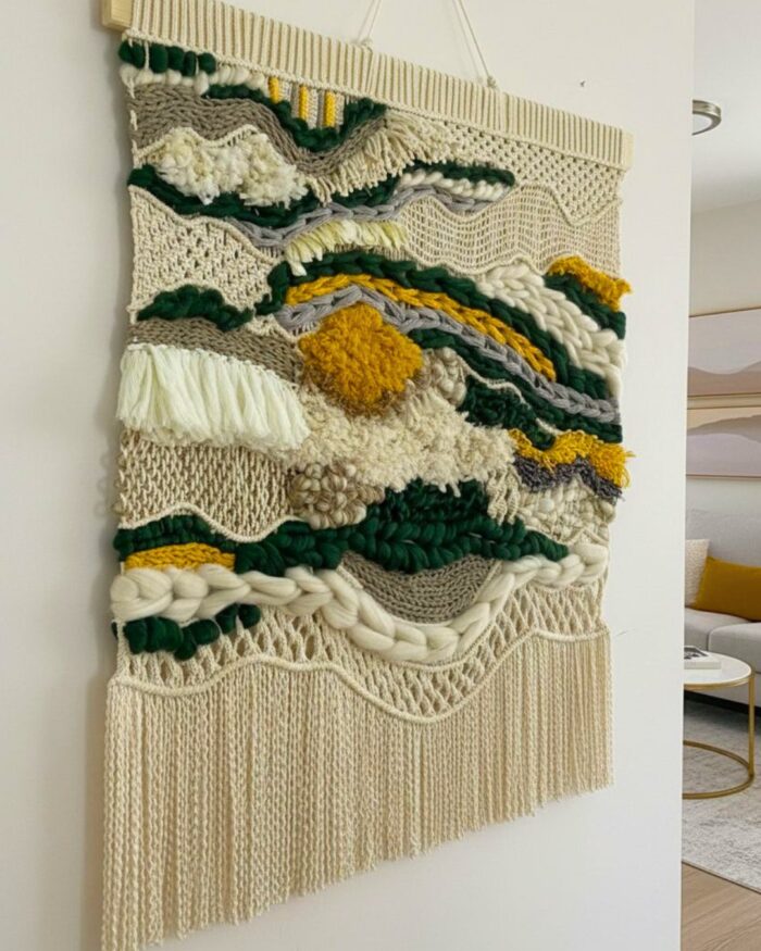 Handmade Boho Macramé Wall Hanging – Natural Cotton with Green & Mustard Accents - Image 3