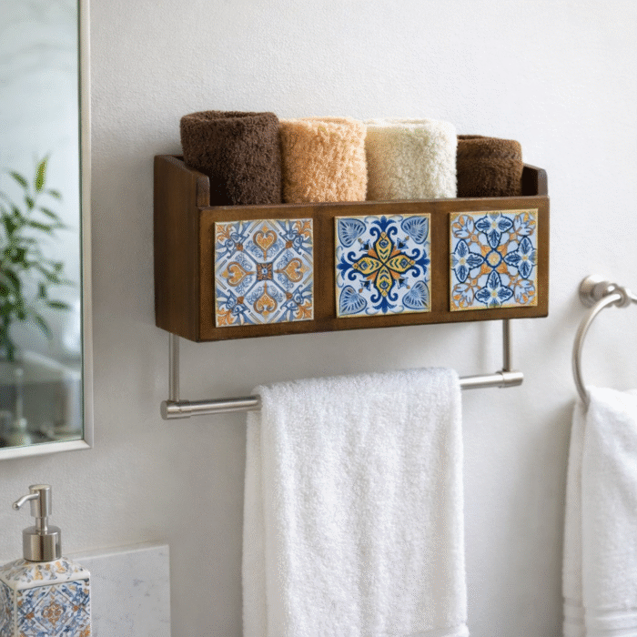 Handcrafted Wooden Towels Organizer with Decorative Tiles - Image 3