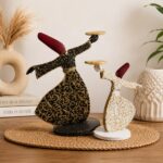 Handmade Whirling Dervish Figurine Set – Modern Sufi Wooden Home Decor Statues in Black & White with Gold Details