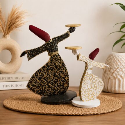 Handmade Whirling Dervish Figurine Set – Modern Sufi Wooden Home Decor Statues in Black & White with Gold Details