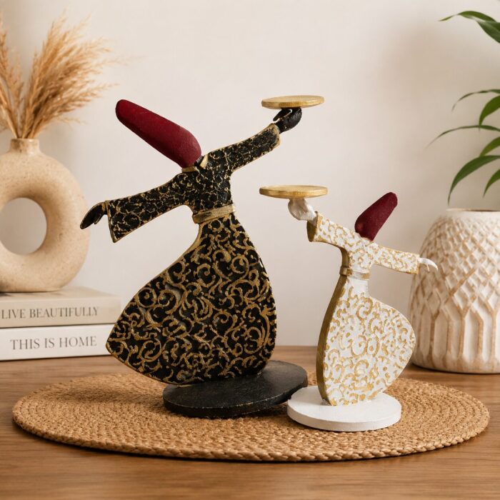 Handmade Whirling Dervish Figurine Set – Modern Sufi Wooden Home Decor Statues in Black & White with Gold Details - Image 1