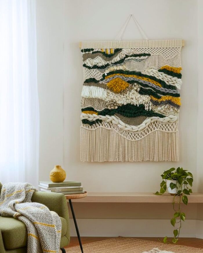 Handmade Boho Macramé Wall Hanging – Natural Cotton with Green & Mustard Accents - Image 1