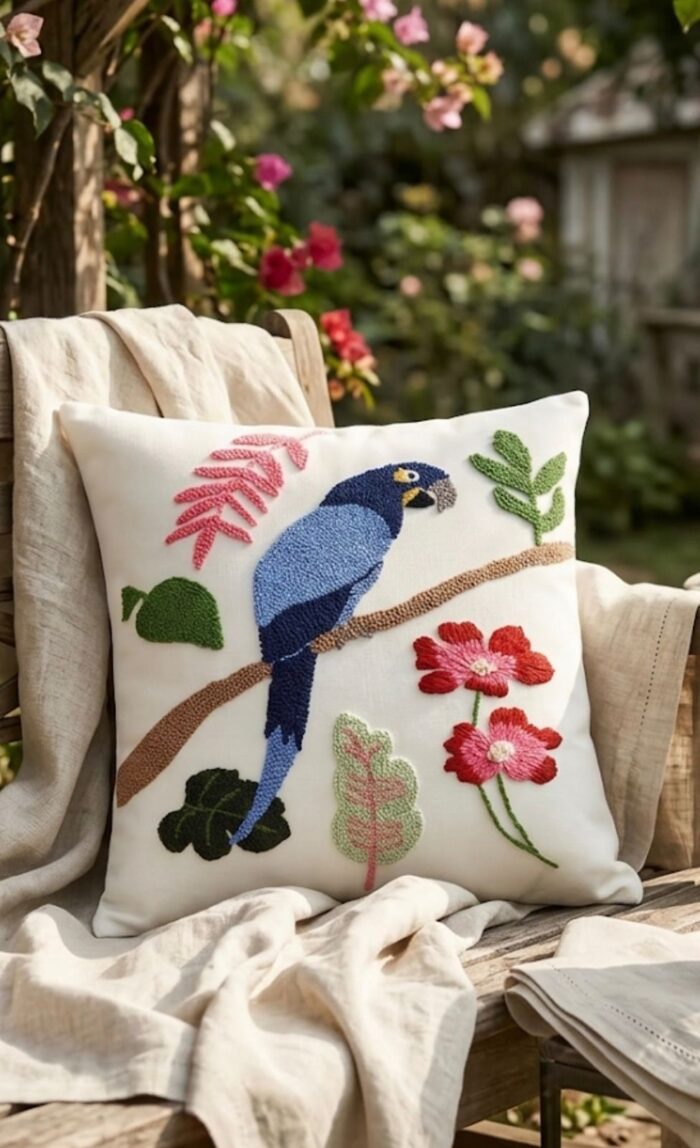 Handmade Boho Punch Needle Parrot Throw Pillow - Tropical Bird Embroidery Cushion Cover - Image 4