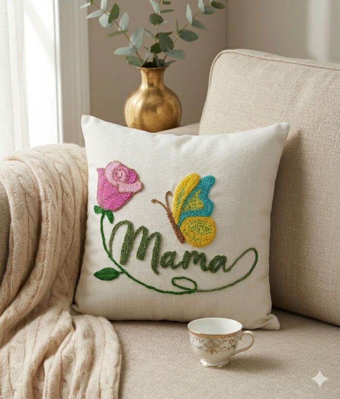Mama Floral & Butterfly Handmade Punch Needle Cushion - Image 2