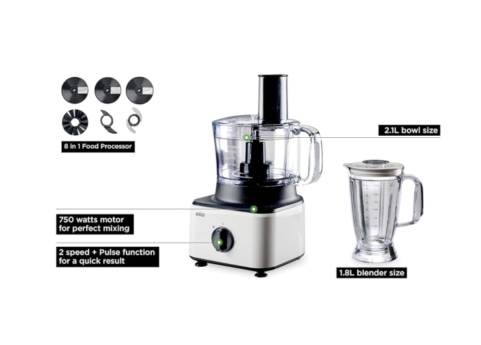 Braun 8-in-1 Food Processor, 8 Functions, 2.1L, 750W, White and Black - FP0145WH - Image 2