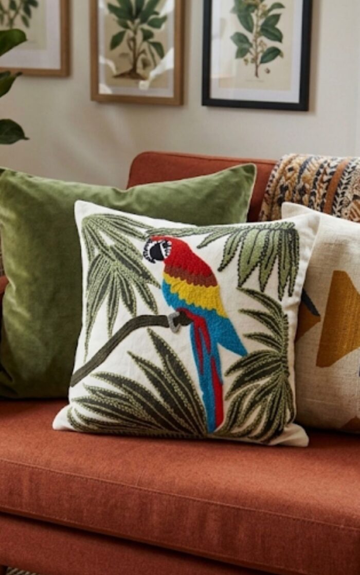 Handmade Tropical Parrot Embroidered Cushion Cover | Colorful Bird Pillow | Boho Home Decor - Image 1