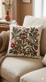 Handmade Embroidered Birds & Botanical Cushion Cover