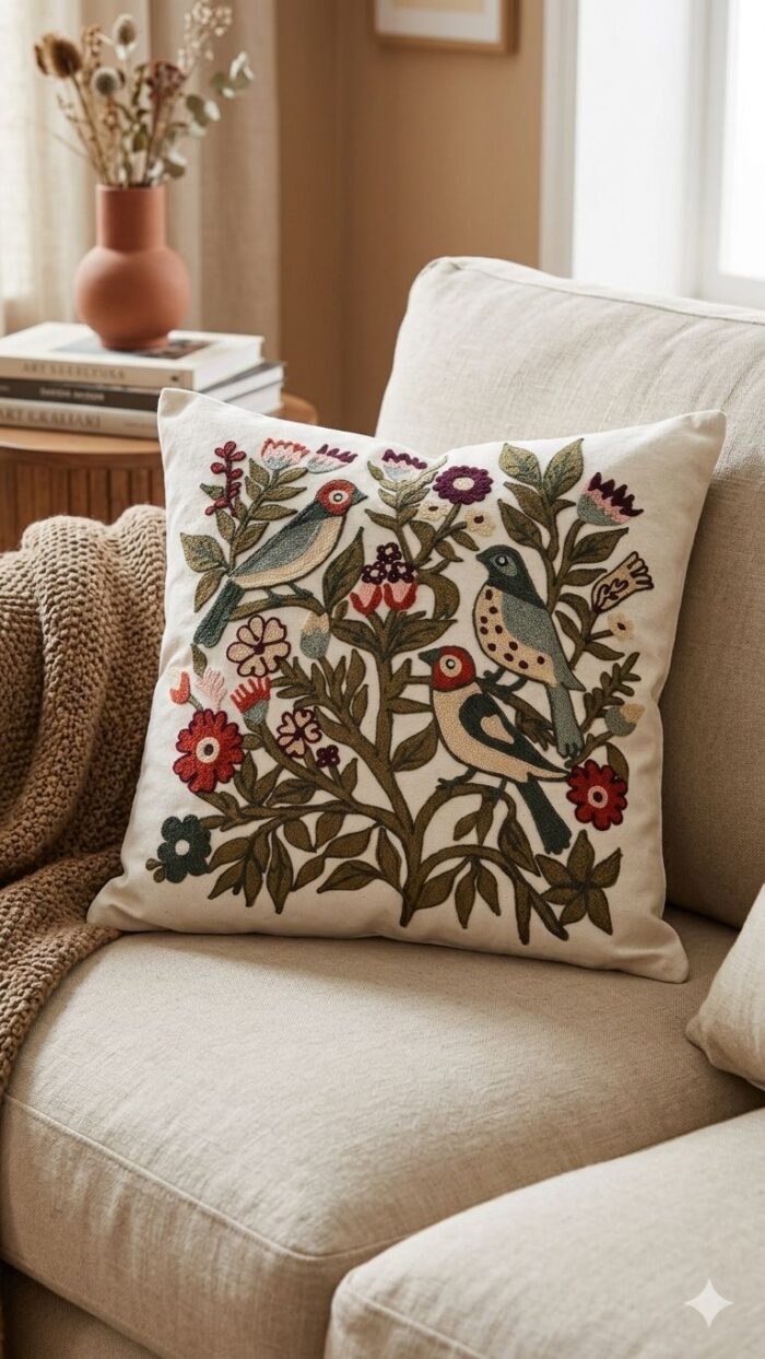 Handmade Embroidered Birds & Botanical Cushion Cover - Image 1