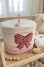 Pink Bow Cotton Rope Storage Basket with Lid - Image 3