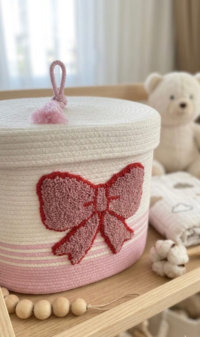 Pink Bow Cotton Rope Storage Basket with Lid - Image 2