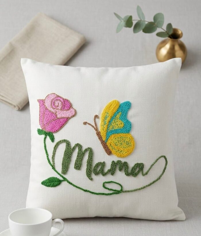 Mama Floral & Butterfly Handmade Punch Needle Cushion - Image 3