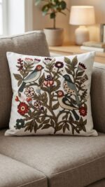 Handmade Embroidered Birds & Botanical Cushion Cover - Image 2