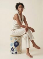 Hand-Painted Floral Wooden Side Table – Artisan Cylinder Accent Table - Image 3