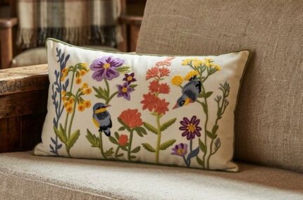 Floral Birds Embroidered Cushion Cover