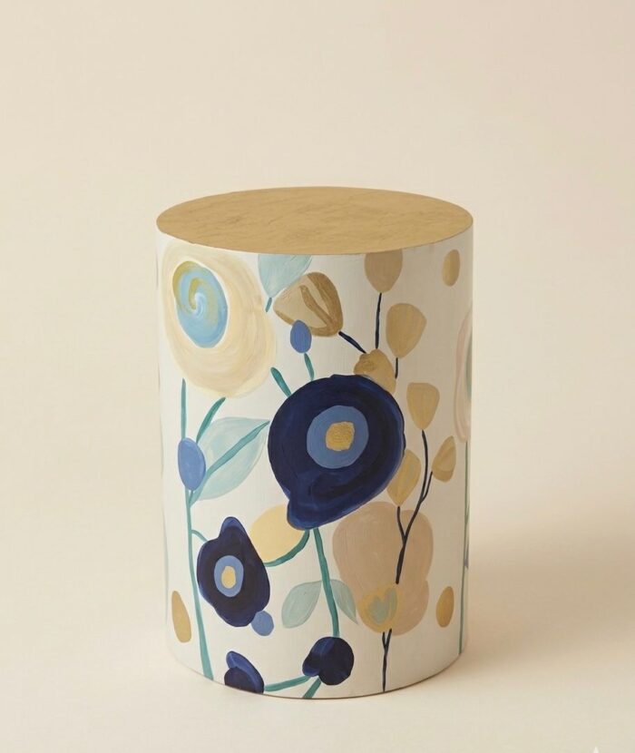 Hand-Painted Floral Wooden Side Table – Artisan Cylinder Accent Table - Image 5