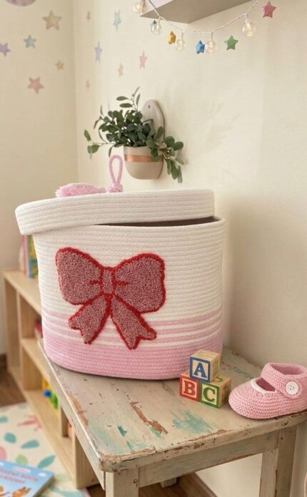 Pink Bow Cotton Rope Storage Basket with Lid