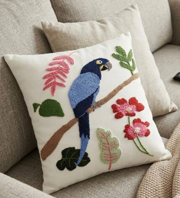 Handmade Boho Punch Needle Parrot Throw Pillow - Tropical Bird Embroidery Cushion Cover - Image 3