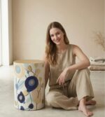 Hand-Painted Floral Wooden Side Table – Artisan Cylinder Accent Table - Image 4