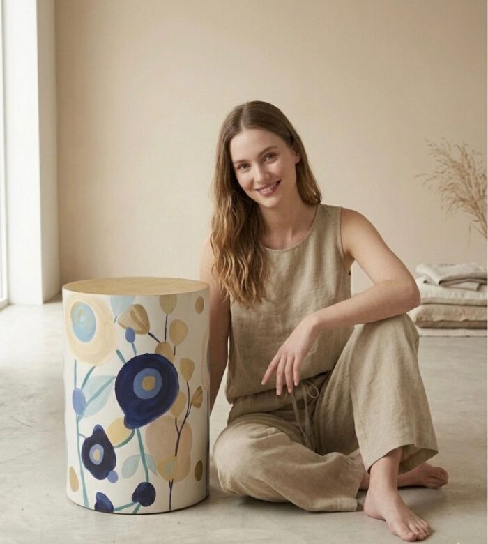 Hand-Painted Floral Wooden Side Table – Artisan Cylinder Accent Table - Image 4