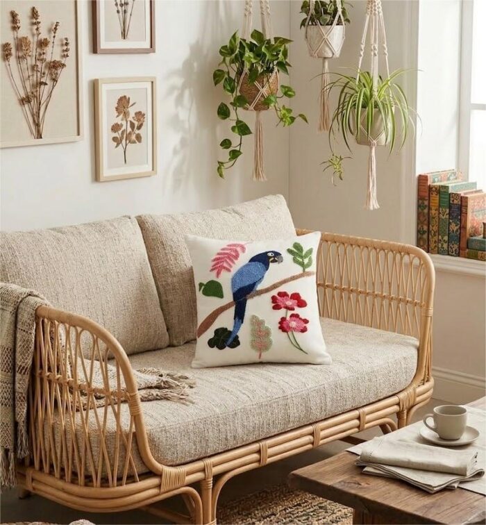 Handmade Boho Punch Needle Parrot Throw Pillow - Tropical Bird Embroidery Cushion Cover - Image 1