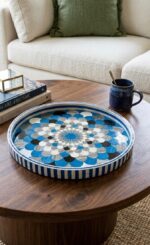 Blue Mandala Mother of Pearl Inlay Round Wooden Serving Tray - Image 2