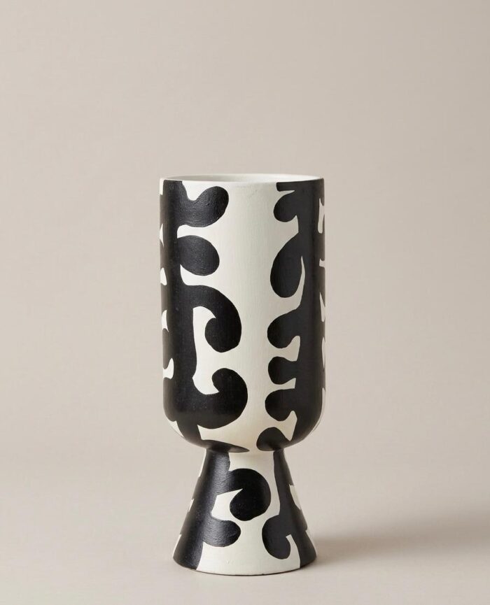 Black & White Abstract Pattern Hand-Painted Wooden Vase - Image 1
