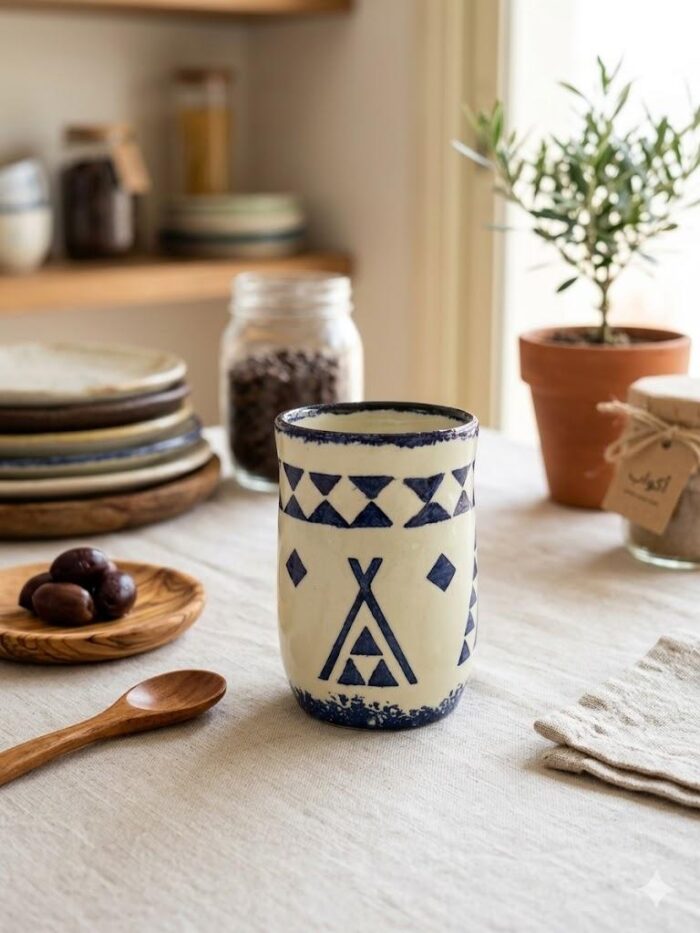 Hand-Painted Rustic Ceramic Mug – Tribal Blue Pattern - Image 1