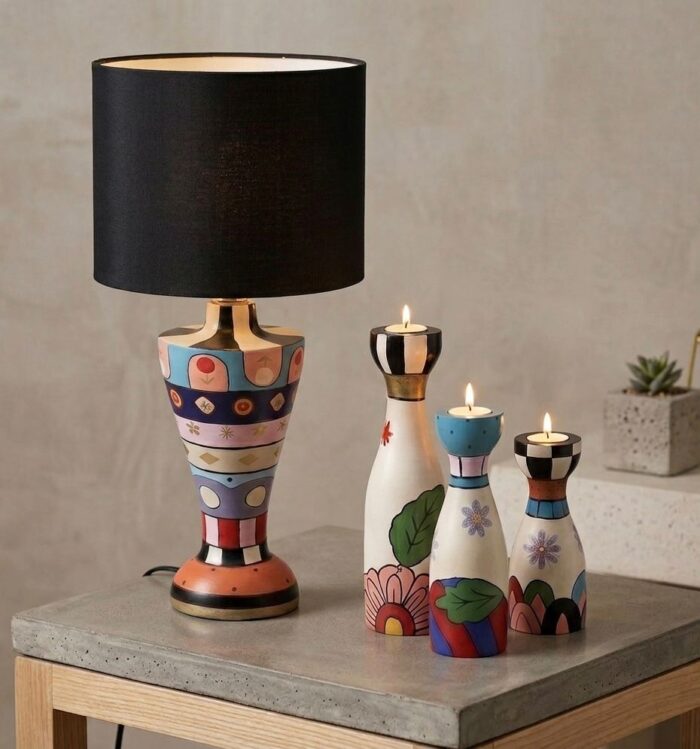 Hand-Painted Wooden Table Lamp with Matching Candle Holders Set – Modern Artistic Home Decor - Image 2