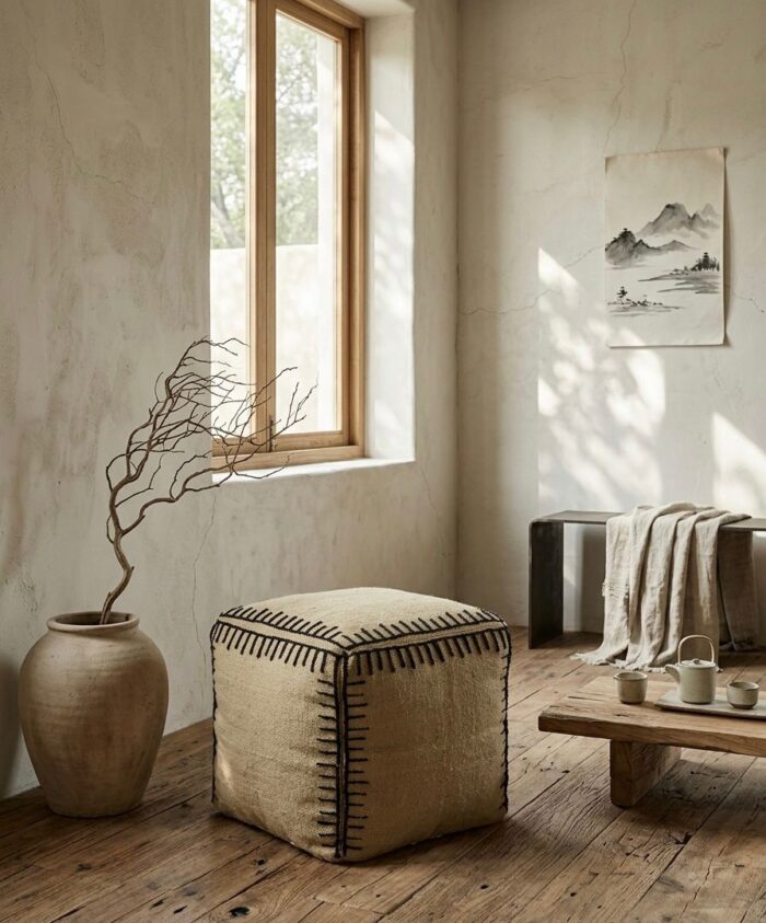 Handwoven Kilim Pouf Ottoman – Natural Boho Floor Cushion - Image 2