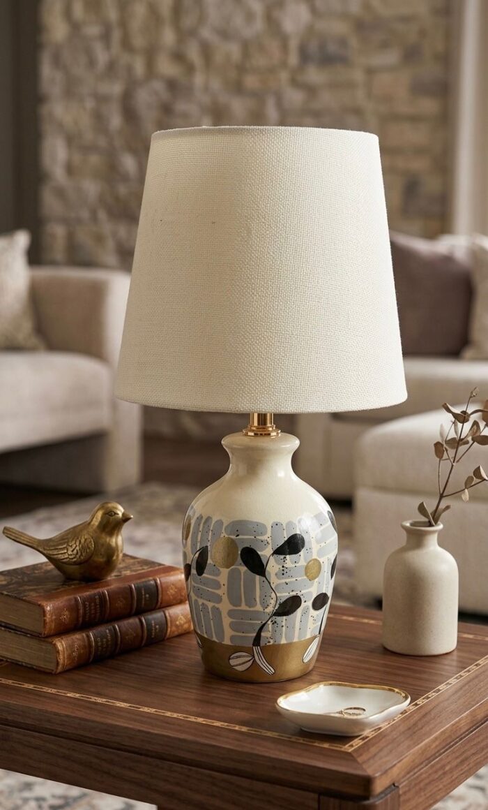 Handcrafted Wooden Table Lamp with  Shade – Artistic Botanical Design - Image 1