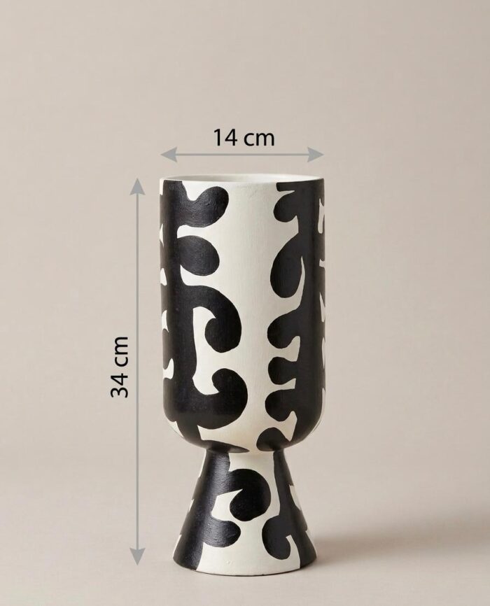 Black & White Abstract Pattern Hand-Painted Wooden Vase - Image 3
