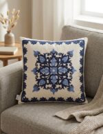Handmade Blue Embroidered Cotton Cushion – Elegant Floral Decorative Pillow - Image 2