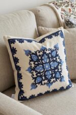 Handmade Blue Embroidered Cotton Cushion – Elegant Floral Decorative Pillow