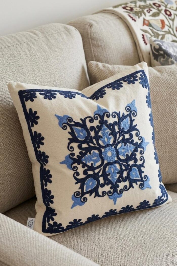 Handmade Blue Embroidered Cotton Cushion – Elegant Floral Decorative Pillow - Image 1