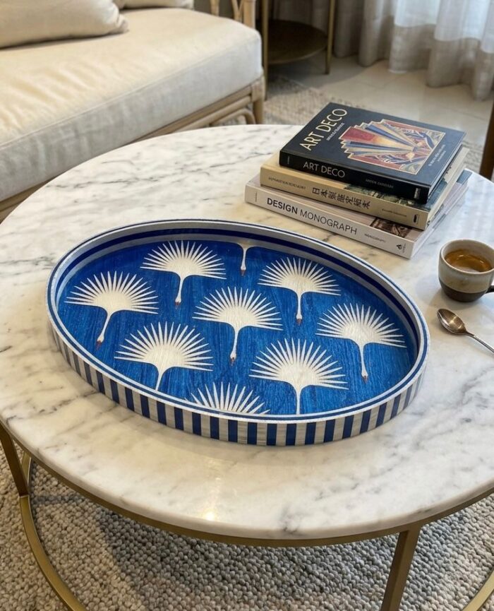 Handmade Blue Mother of Pearl Oval Serving Tray – Palm Pattern Decorative Tray - Image 1