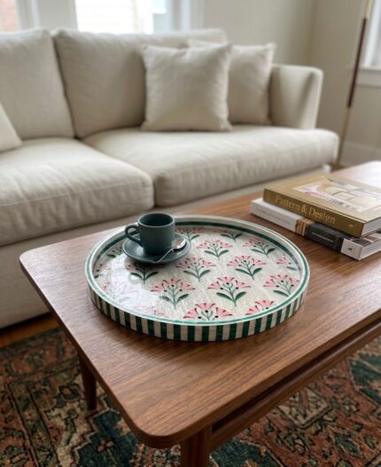 Handcrafted Floral Round Serving Tray – Green & Pink Pattern 45 cm