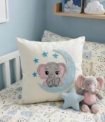 Handmade Punch Needle Elephant Cushion – Cute Nursery Decorative Pillow with Moon & Stars