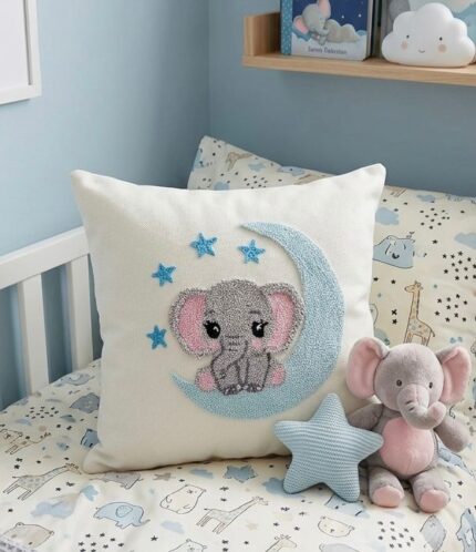 Handmade Punch Needle Elephant Cushion – Cute Nursery Decorative Pillow with Moon & Stars