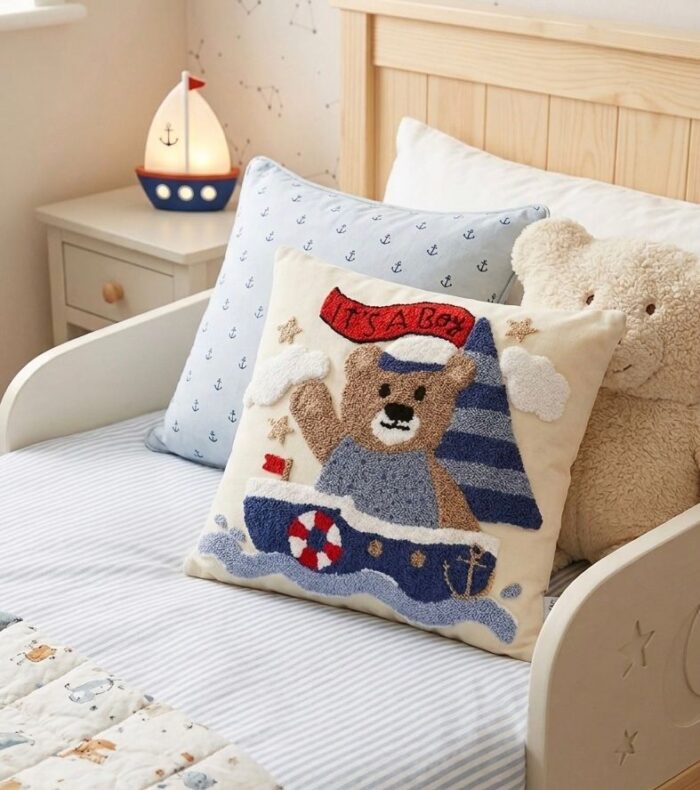 Handmade Nautical Teddy Bear Cushion – Kids Room Decorative Pillow - Image 1