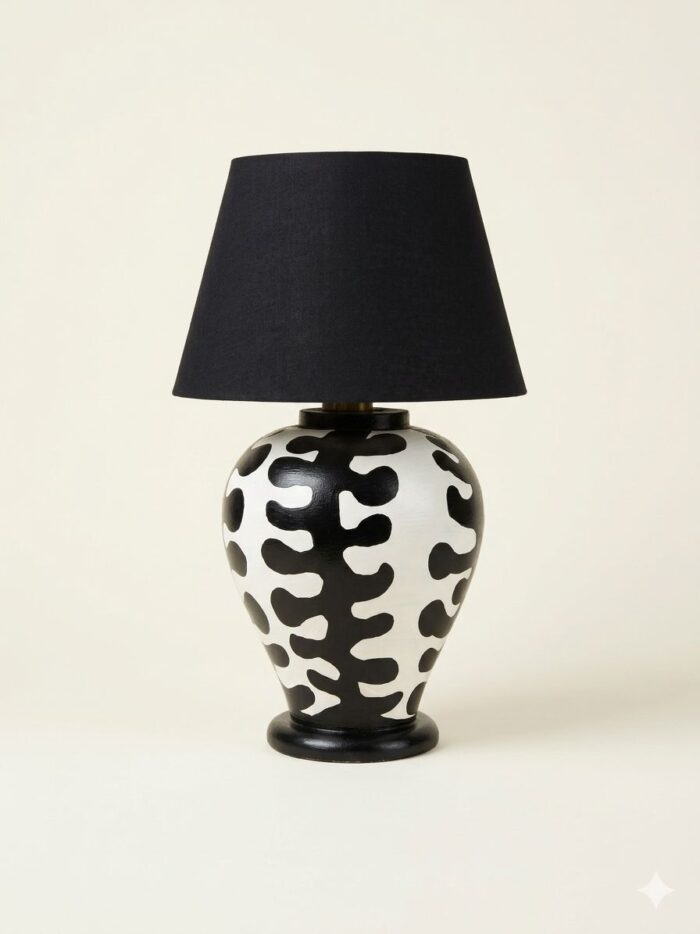 Black & White Abstract Pattern Hand-Painted Wooden Table Lamp - Image 3