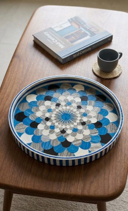 Blue Mandala Mother of Pearl Inlay Round Wooden Serving Tray
