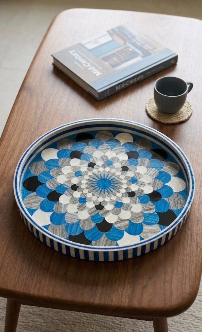 Blue Mandala Mother of Pearl Inlay Round Wooden Serving Tray - Image 1